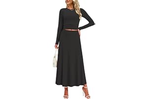 SLOWCOLIN Women's 2 Piece Outfits Ribbed Knit Two Piece Skirt Sets Long Sleeve Ruched Crop Top Maxi Flowy Skirts