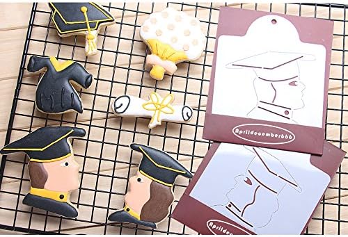 Graduation Cookie Stencil Set - Set of 6 - Male Graduate, Female Graduate, Cap, Gown, Diploma and Bouquet Flower - 4 3/4 Inches – White /semi-transparent