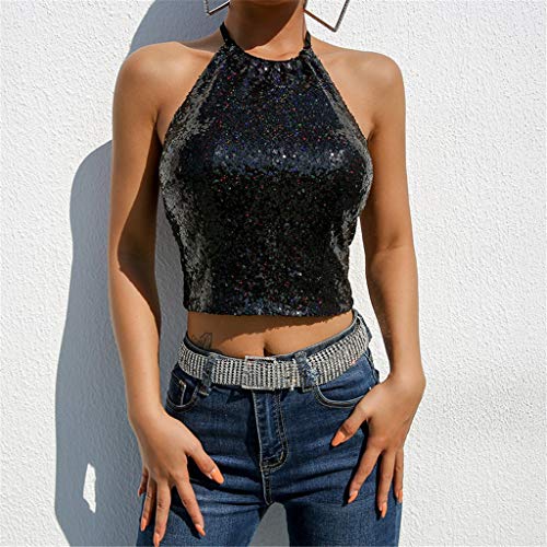 DZT1968  Women's Sequin Halter Sexy Vest Casual Tank Top Off Shoulder Shirt Top Fashion Black