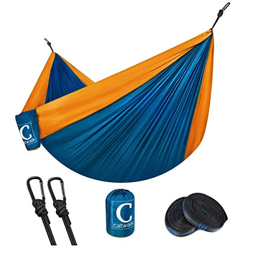 Coofel Camping Hammock, Portable Double Hammock Nylon Parachute Hammock for Travel Camping with Hammock Straps and Solid Steel Carabiners (Blue& Sky Blue)