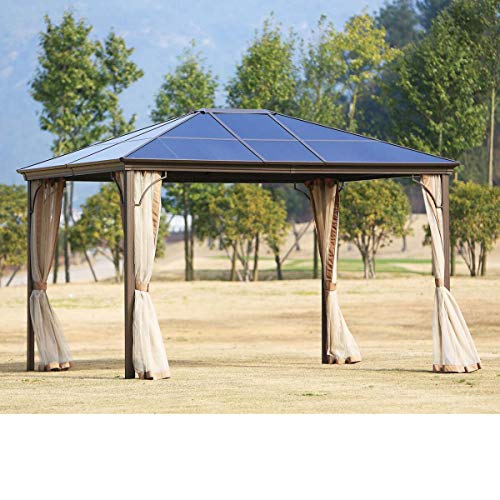 Outdoor Garden Gazebo 12 x 10 FT Patios Gazebo Beige Canopy Permanent PVC Hardtop Mosquito Netting, Front Porch