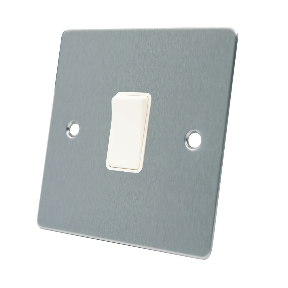 AET FSC1GSWIWH Satin Chrome Flat White Insert Plastic Rocker Switch-10 Amp Single 1-Gang 2 Way Light Switch, 240 V