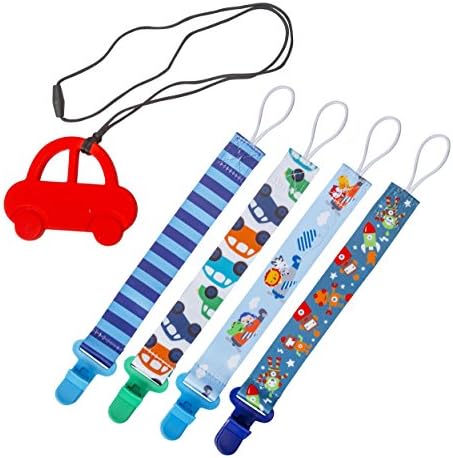 Plastic Pacifier Loop Clip Holder for Boys | 4 Pack- Binkie Clips WITH Silicone Teething Toy | Baby Teething Necklace | Fun Baby Shower Gift Set