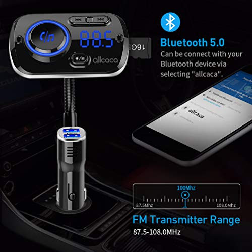 ALLCACA Car FM Transmitter Wireless Audio Adapter Receiver Hands Free Car Kit with QC3.0 Charging and 7-Color Backlit, 4 Play Modes