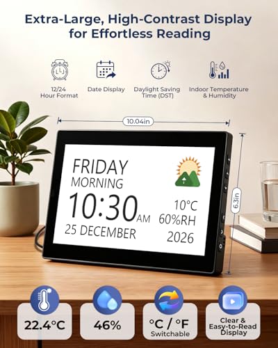 ROCAM 10 Inch Digital Clock, Digital Alarm Clock with Large Screen, Calendar, 20 Alarms and Reminders, 18 Ringtones, 12 Themes, Temperature and Humidity, USB and SD Photo Album | Pantalla grande 10,1", 20 alarmas, recordatorios personalizados, fotos USB/SD, temperatura, humedad, pared o mesa