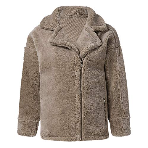 Sanyyanlsy Women's Notched Neck Zip Up Casual Jacket Shaggy Tops Winter Ladies Thermal Parka Outercoat Coat with Pockets Khaki