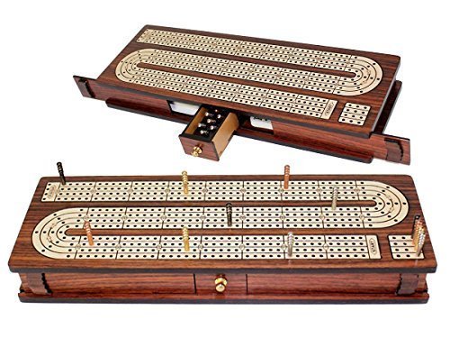 House of Cribbage - Continuous Cribbage Board Inlaid 4 Tracks Rosewood/Maple with Sliding Lids and Drawer