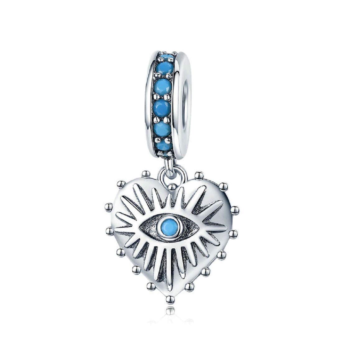 FeatherWish Lucky Hamsa Evil Eye Charm 925 Sterling Silver Love Heart Family Travel Holiday Dangle Pendant Fits And Compatible With Pandora Bracelets Gift For Friend Sister Mum Birthday (Blue Heart)
