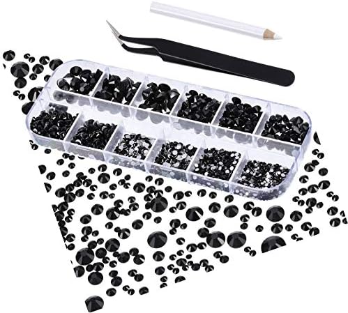 LuLyLu 2000 Pieces Flat Back Gems Round Crystal Rhinestones 6 Sizes (1.5-6 mm) with Pick Up Tweezer and Rhinestones Picking Pen for Crafts Nail Face Art Clothes Shoes Bags DIY (Black)