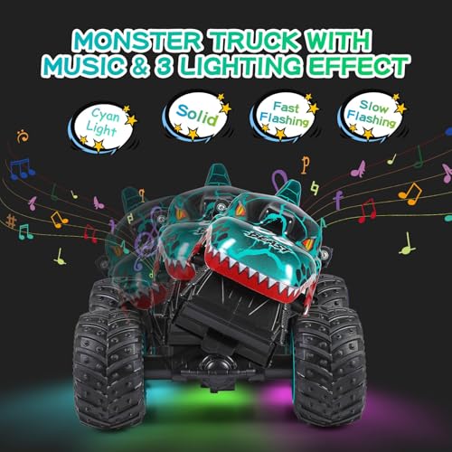 Uniiking® Remote Control Monster Car, 2.4Ghz All Terrain Dinosaur Monster Truck Toys, RC Truck with Music, 3 Lighting Effects, 360 Stunt Capable, Toy Gifts for Boys and Girls (Cyan)
