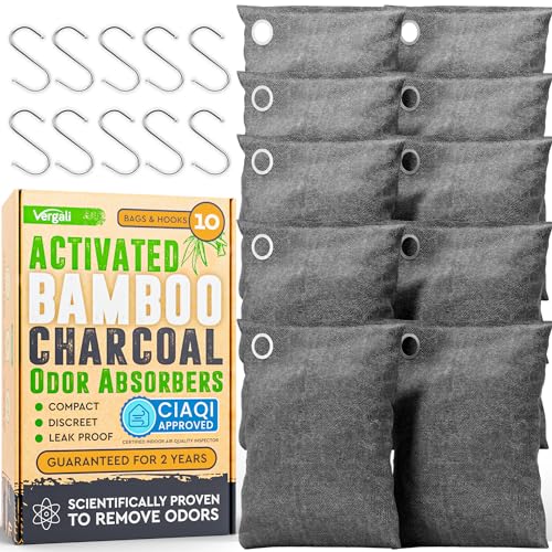 Activated Charcoal Odor Absorber 10x3.5oz w Hooks. Nature Fresh Bamboo