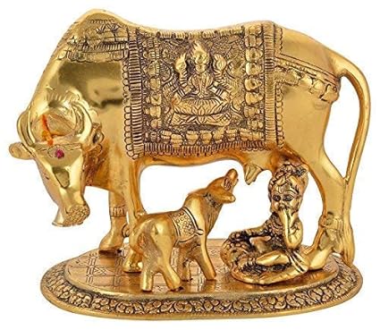 Aadit Crreation Gold Elegant Kamdhenu Cow and Calf with Krishna showpiece Idol for Home Decor and Gift
