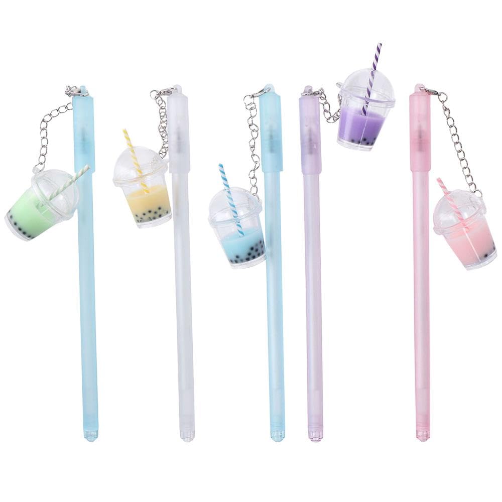 Risedot 5 Pcs Macaron pearl Milk Tea Cup Pendants with Neutral Pens