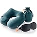 3in1 Set - Premium INFLATABLE TRAVEL NECK PILLOW with 3D SLEEP MASK and SOFT FOAM EARPLUGS – includes compact CARRY BAG – Comfortable Traveling Airplane Pillow – best way to make trip perfect