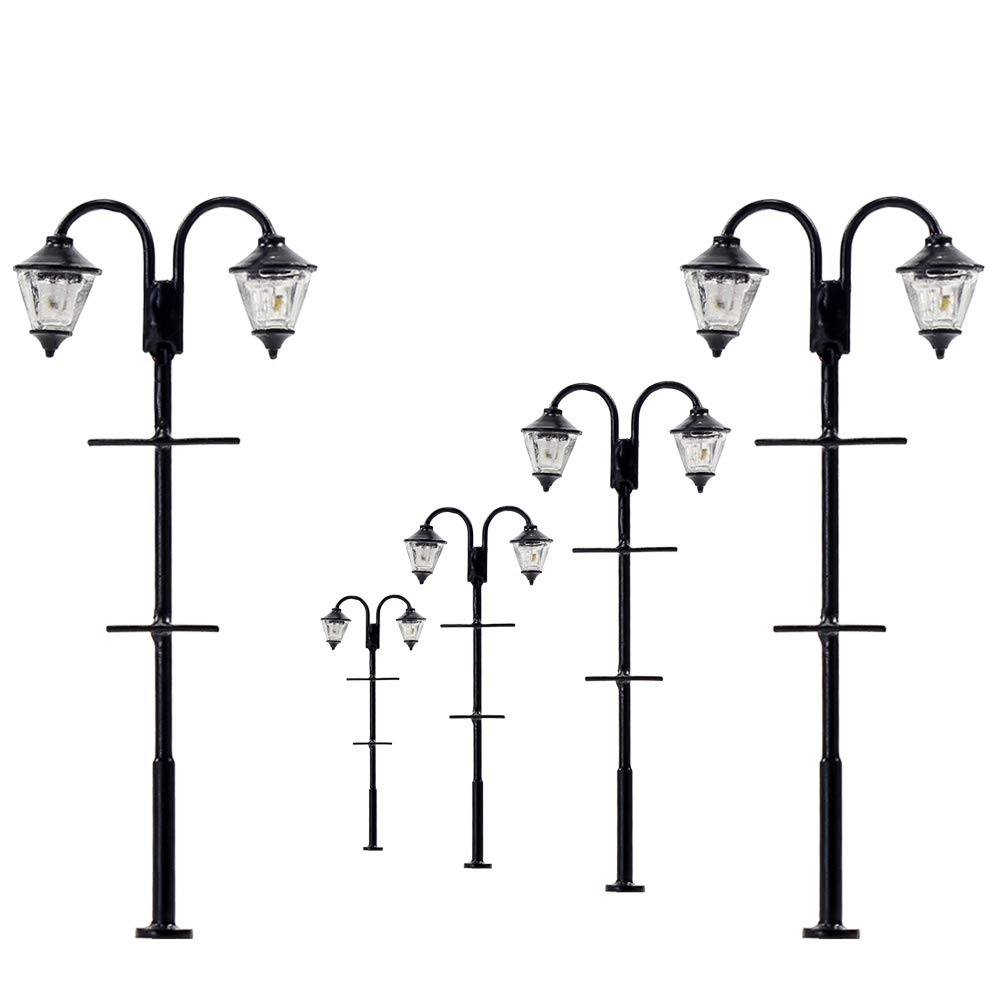 Evemodel LYM59 5pcs Warm White Model Train 1:87 Street Lights HO Scale Lamp Post LEDs 65mm Miniature Double Heads