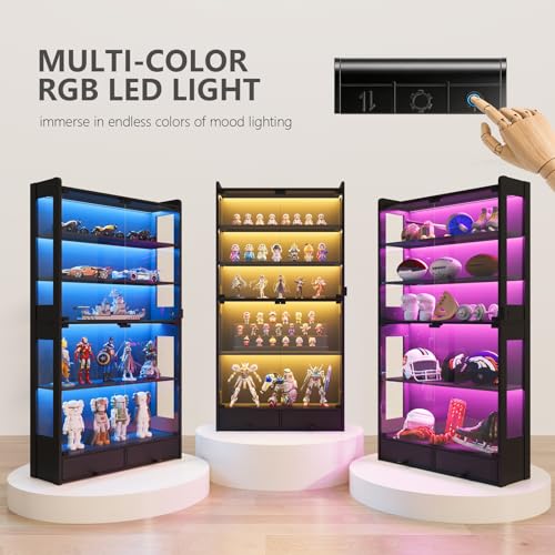 ROCHECASA Display Cabinet with Glass Door 69''H, 6-Tier Display Case for Collectibles with LED Lights and Drawers, Showcase, Freestanding Curio Cabinet, Tall Storage Shelves, Black, DC001-BK100