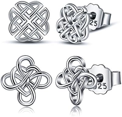 2 Pairs of Silver Studs Earrings, AEONSLOVE 925 Sterling Silver Irish Celtic Knot ''Good Luck'' Love Heart Stud Earrings, Gifts for Women Girls