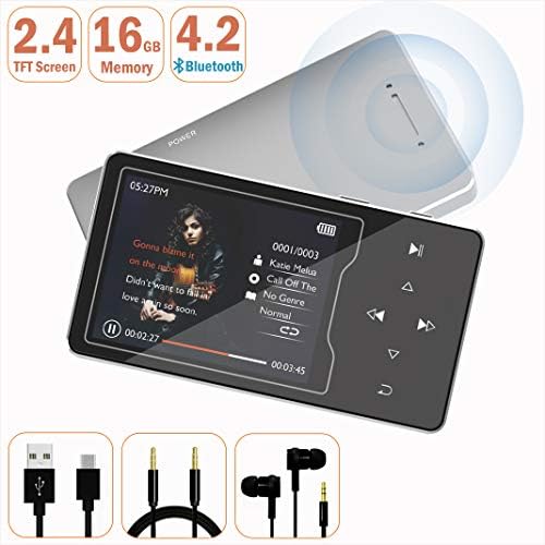 MP3 Player – HonTaseng Bluetooth 4.2 HiFi Sound 16GB Music Player, 2.4 Inch Large TFT Screen with Build-in Speaker, and Support 128GB TF Card with Voice Recorder and FM Radio-Silver