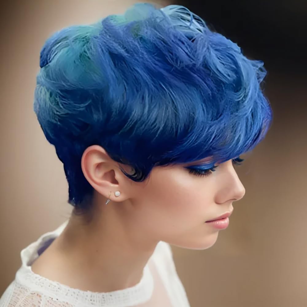 BeiSDWig Blue Synthetic Wigs for Women - Short with Bangs, Highlighted Blue Hair
