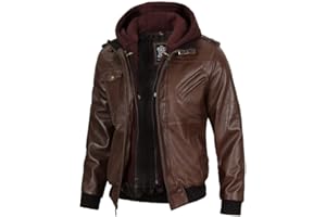 Decrum Mens Leather Jacket - Detachable Hood Stylish Winter Leather Bomber Jacket Men
