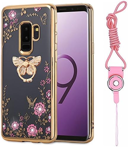 Galaxy S9 Plus Case, ZHFLY Shockproof Transparent Flowers Crystal Bumper Silicone TPU Gel Clear Bling Protective Rubber Soft Case Cover for Samsung Galaxy S9 Plus, Gold + Butterfly Ring + Lanyard