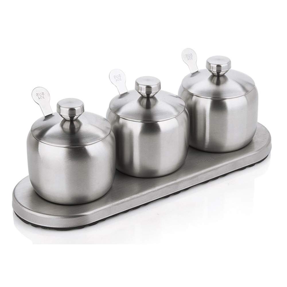 LOYUYU SUS304 Stainless Steel Seasoning Box, Seasoning Rack Spice Pots, Storage Container Condiment Jars, Cruet with Cover and Spoon 304 Silver