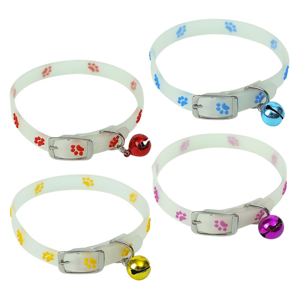 FSSTUD 4 Pcs Glow In The Dark Cat Collars Waterproof Reflective Puppy Collars Adjustable Silicone Kitten Collars Night Glow Small Dog Collars Anti Lost Pet Collars with Bells