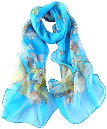 Long Georgette Silk Scarf Butterfly Print (Turquoise)