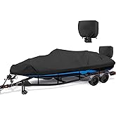 YimSting Boat Covers 17-19ft, 1200D Waterproof V-Hull, Black | Fits 17 foot 18ft 19 ft Bass Tracker Boat, Heavy Duty, UV &amp; Tear-Resistant, Air Vents, 11 Straps &amp; Motor Cover