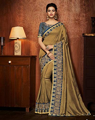 DesiButik's Party Wear Lovely Golden Satin Silk Saree - Thumbnail 4