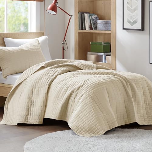 Comfort Spaces Kienna Quilt Set-Luxury Double Sided Stitching Design Summer Blanket, Lightweight, Soft, All Season Bedding Layer, Matching Sham, Ivory, Coverlet Twin/Twin XL(66x90) 2 Piece