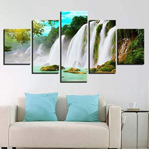 PANDABOOM 5 Piece Hd Stretched And Framed Canvas Forest Waterfall Pictures Paintings On Canvas Wall Art For Livingroom Bedroom