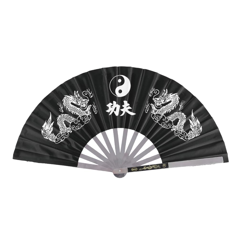 Tiiyee Practice Training Performance Tai Chi Fan, Double Dragon Hand Fan Chinese Folding Fan Kung Fu Hand Held Folding Chinese Embroidery Martial Arts Fan for Dance Fighting Festival Wall Decorations