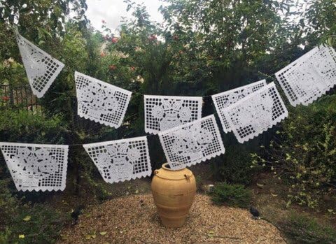MEXICAN PLASTIC PAPEL PICADO Banner LARGE ALL WHITE Bunting 20' feet long with 10 flags