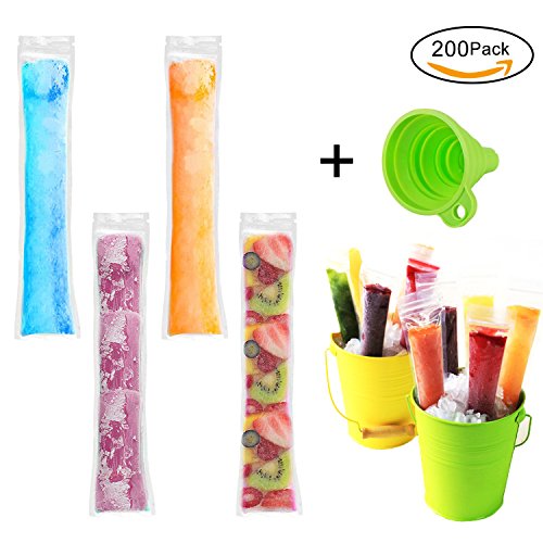 Ice Popsicle Molds Bags 200 Pack With Funnel BPA Free and FDA Approved DIY Ice Pop Mold Pouch for Gogurt,Ice Candy,Otter Pops or Freeze Pops Homemade Popsicle Bags Molds With Zip Seals By H&HODOR