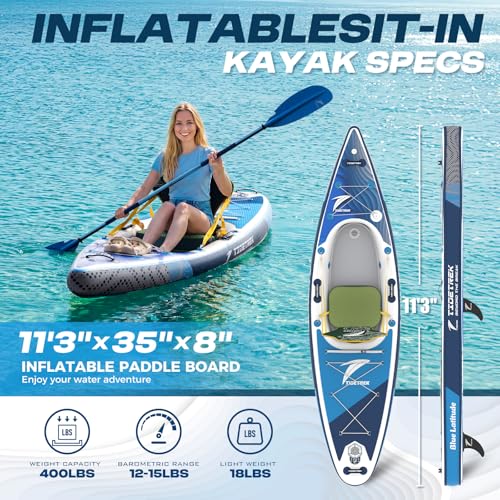 TIDETREK Inflatable Touring Kayak with Waterproof Seat & Premium Accessories, 11'3" x 35" x 8" Ultra-Stable SUP Kayak Hybrid, Non-Slip Comfort Deck for Adults & Youth