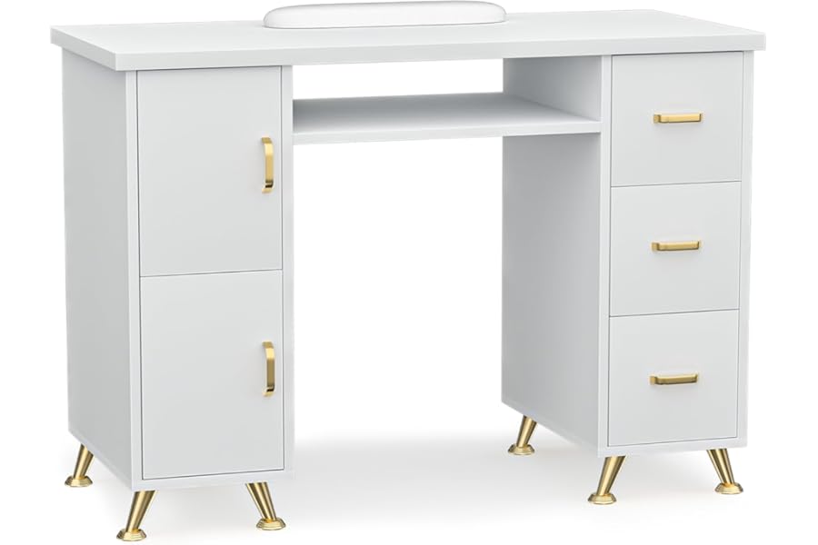 FreSup Manicure Table Nail Desk, Fixed Leg Salon Beauty Workstation with Gold Accents, 3 Drawers & 2 Cabinets, Wrist Rest Included, Acetone Resistant Tables for Home & Studio (White-Gold)