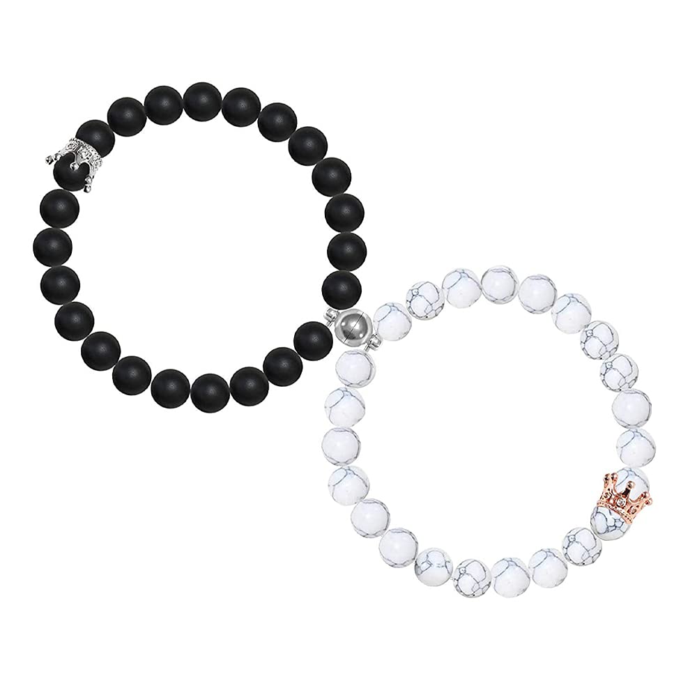 1 Pair Couple Bracelet, Couples Bracelets Natural Stone Beads, Magnetic Bracelets for Couples, Friendship Bracelet for Lovers, Friends, Sisters (Black, White) One Size, Stone, One Size, Stone