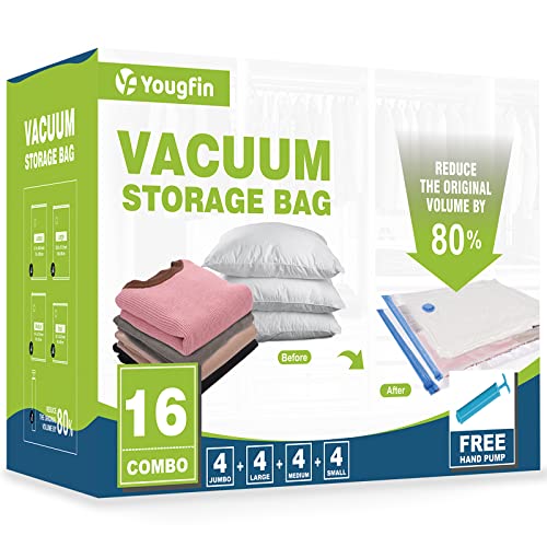 Photo 1 of 16 Pack Space Saver Vacuum Storage Bags(4 Jumbo/4 Large/4 Medium/4 Small), Vacuum Sealer Bags for Clothes, Clothing, Comforters and Blankets, Compression Storage Bags with Hand Pump
