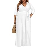 Milloud Plus Size Dress for Women - 3/4 Sleeve V-Neck Maxi Dress for Women with Belt and Pockets （2XL-6XL