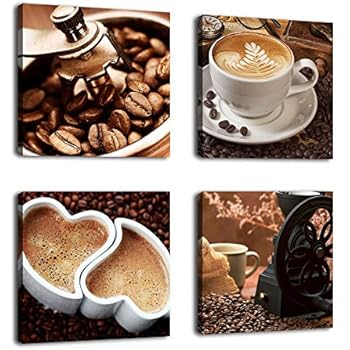 Kitchen Canvas Art Coffee Bean Coffee Cup Canvas Prints Wall Art Decor Framed Ready to Hang - 4 Panels Modern Artwork Painting Contemporary Pictures for Dining Home Decoration