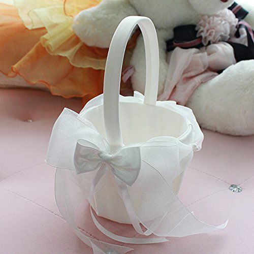BETAULIFE Ivory Elegant Satin Bow Flower Girl Basket Ivory 2 pcs/Pack (Basket)