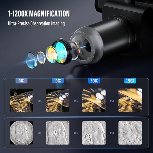 Digital Microscope, Couleeur Height Swivel 1200X 1080P and LCD Microscope, Microscope with 7 Inch Display with 2 Adjustable Side Lights and 8 LED Balls for Electronic Repairs