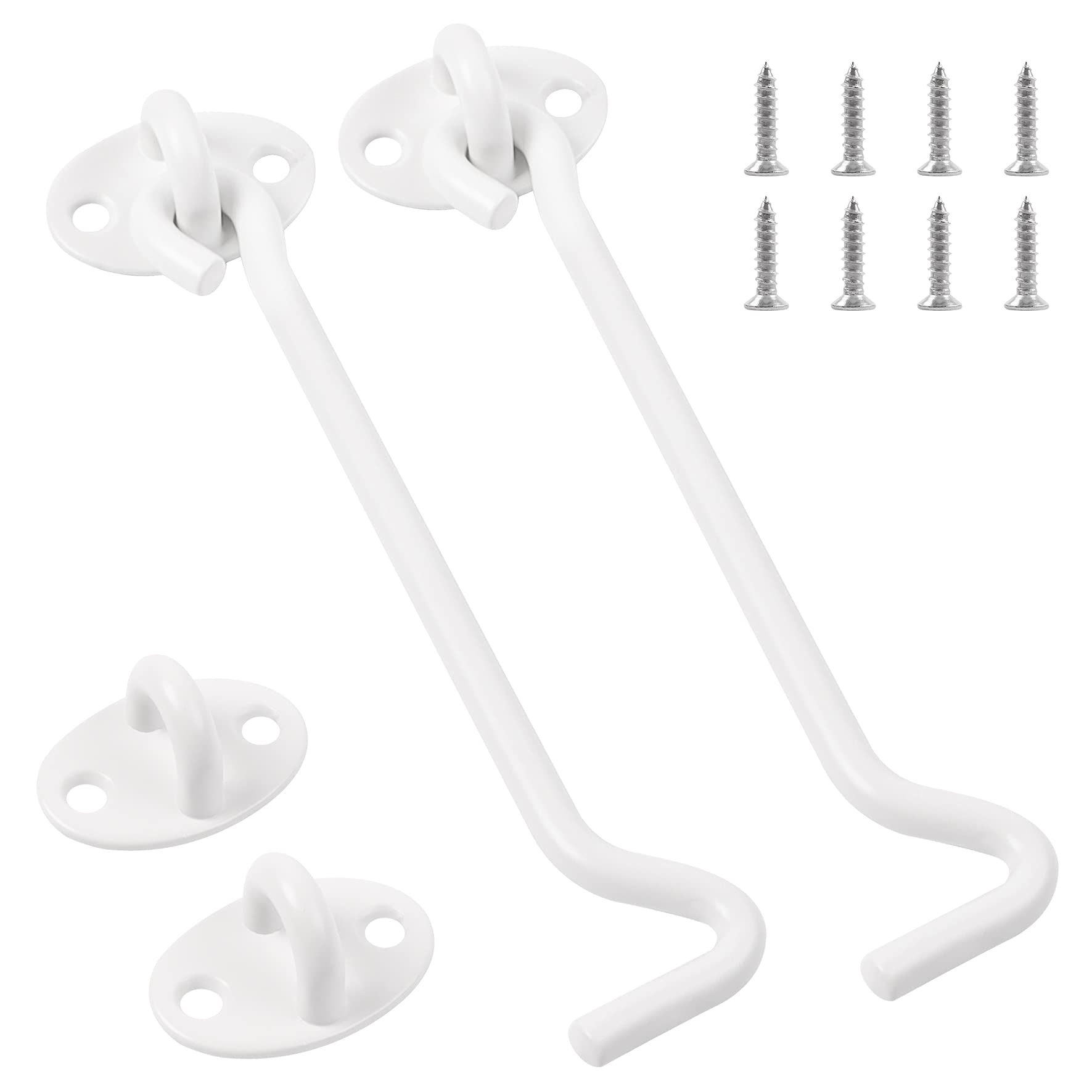 JatilEr 2 Pcs Cabin Hook 6 inch, Stainless Steel Gate Hook and Eye Latch Barn Door Lock Gate Door Swivel Window Hook Outside with 8pcs Mounting Screws for Shed or Garage Gate (White)