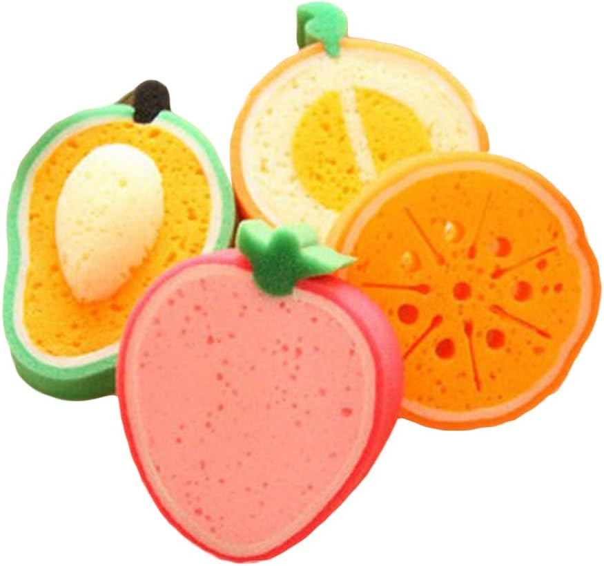 Healifty Fruit Shaped Bath Sponge Set for Kids 4Pcs Mango Honeydew Melon Strawberry Soft Exfoliating Shower Sponges for Gentle Skin Care and Fun Bath Time
