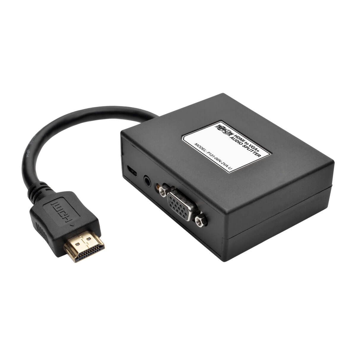 Eaton Tripp Lite HDMI‑to‑VGA Adapter P131‑06N‑2VA‑U – 2‑port splitter with audio, 1080p support, plug‑and‑play dual‑display mirroring, compact 6‑inch design – Black (B01MXLPDVX)