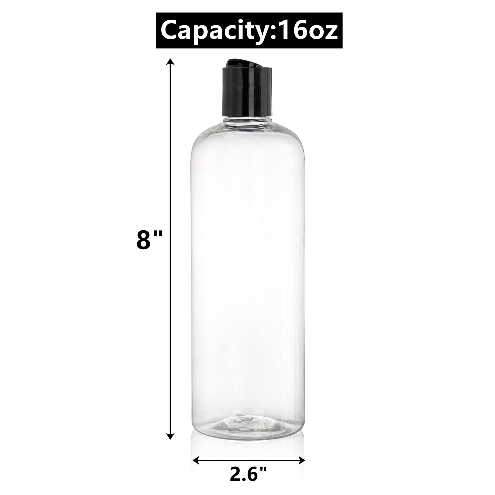 Peohud 20 Pack 16oz Clear Plastic Empty Bottles with Disc Top Flip Caps, Refillable Shampoo Bottles, Squeezable Travel Containers for Lotions, Cosmetics, Liquid Body Soap, Creams, BPA Free