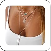 Andelaisi Boho Layered Turquoise Leaf Pendant Necklace Silver Feather Necklace Choker Vintage Leaf Necklace Hollow Leaf Drop Chain Necklace Jewelry for Women