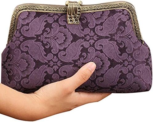 Musebridal Women's Vintage Handmade Floral Cloth Clutch Handbag Purse with Detachable Chain Purple