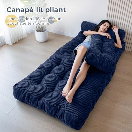 MAXYOYO Foldable Convertible Sofa Bed with Pillow, Mattress with Back Support, Portable Comfortable Armchair Bed for Living Room Bedroom, Navy Blue